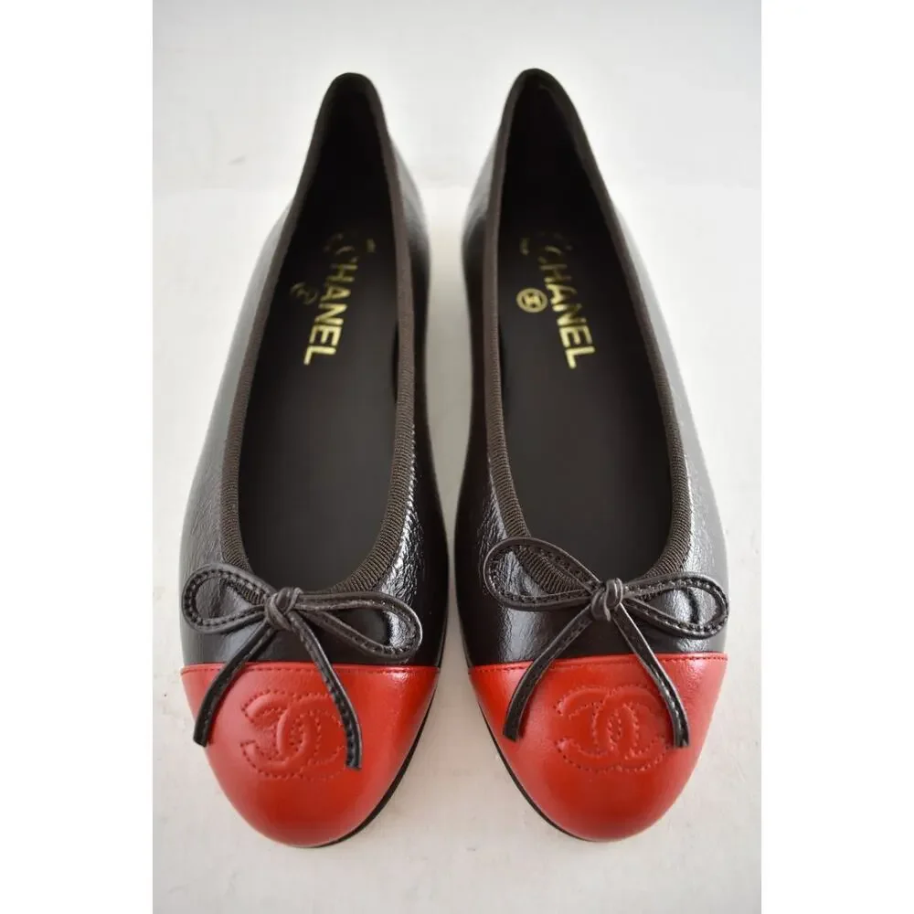 Chanel 26S Dark Brown Red Leather CC Logo Cap Classic Ballet Ballerina Flat 39 - Picture 8 of 16
